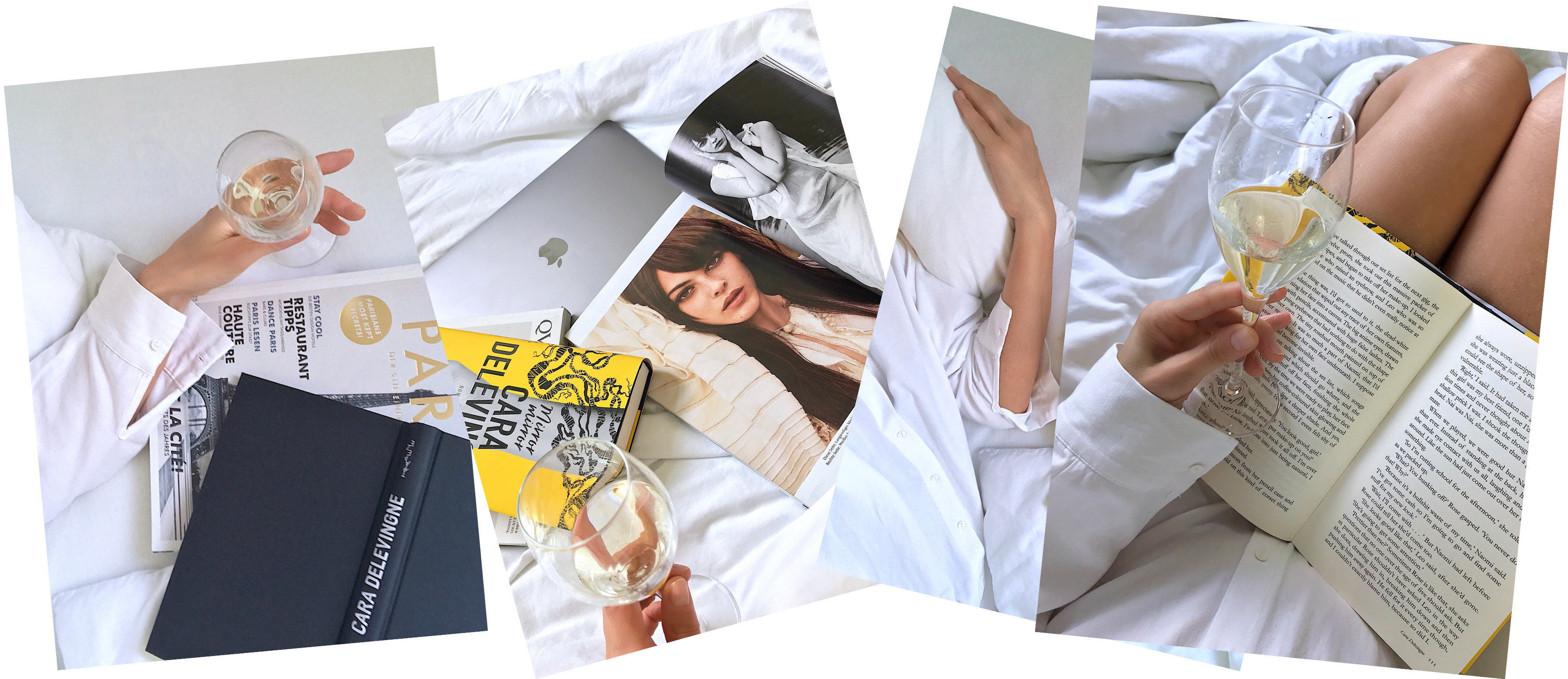 breakfast in bed collage moods glass of champagne holding in hand while reading a book white linen white shirt