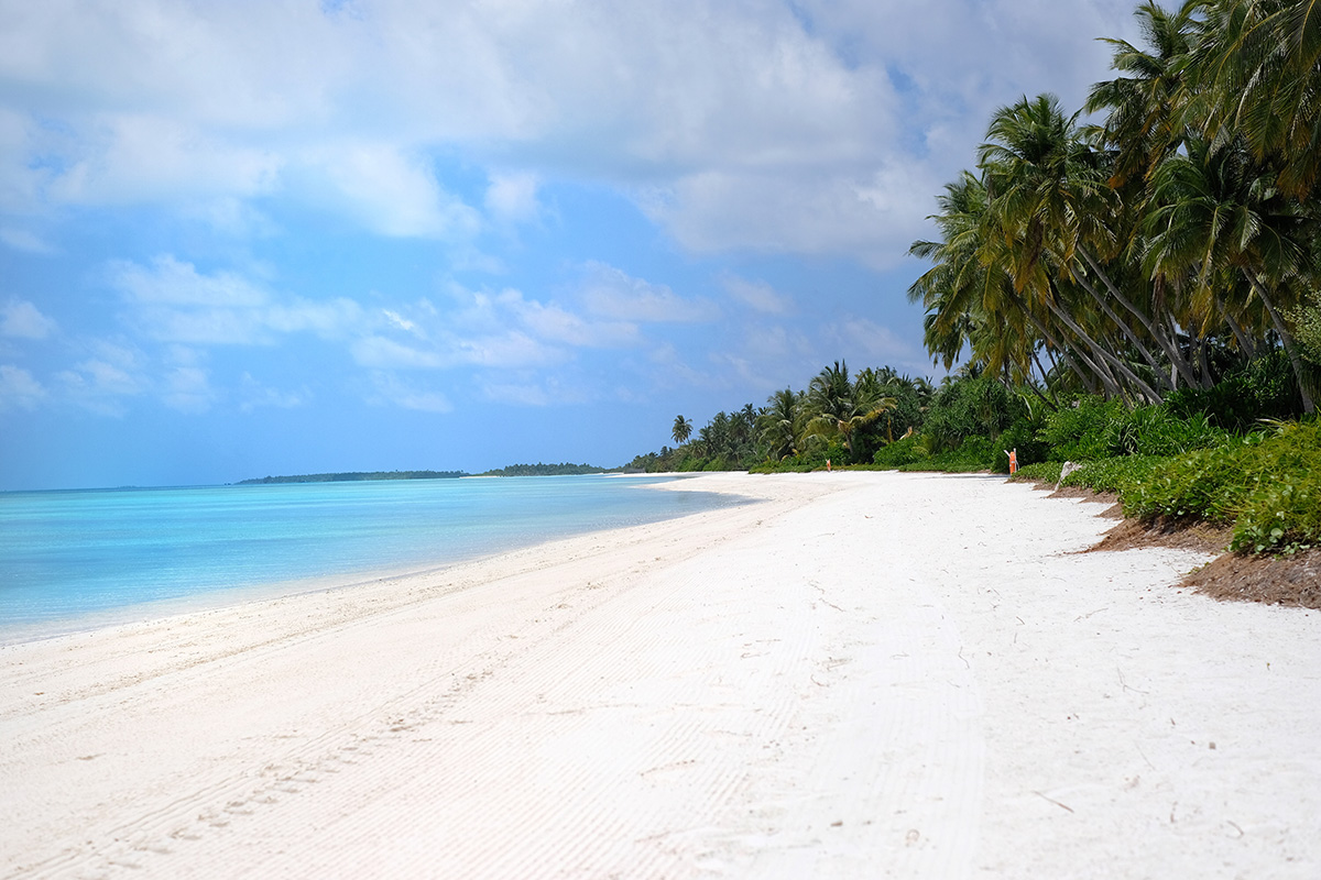 beach, white sand, ocean sea, palms, Maldives, blue sky, blog post about long-haul flights on Lifetime-pieces.com