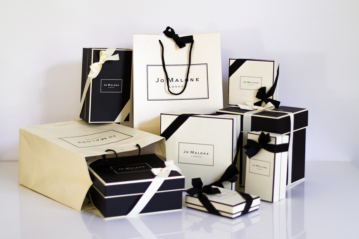 Jo Malone London, seven cream and black iconic signature gift boxes and ribbons