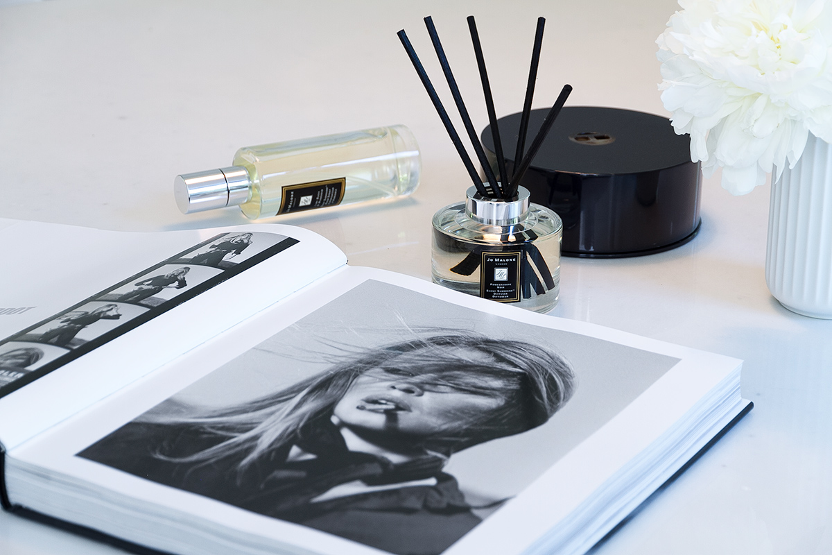 Jo Malone London, living in a scented home, scented candle and diffuser, coffee table book, white vase with white peonies