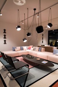 sofa, pink, cushions, pendant lights, carpet, side table, exhibitor Vitra at imm cologne fair 2018, blog post lifetime-pieces.com