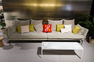 Suita sofa, by Antonio Citterio, cushions, side table, exhibitor Vitra at imm cologne fair 2018, blog post lifetime-pieces.com