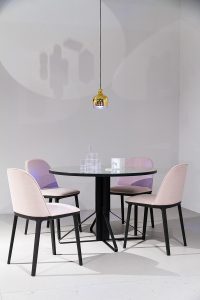 dining table, chairs, pendant light golden bell at exhibitor Vitra, imm cologne fair 2018, blog post on lifetime-pieces.com