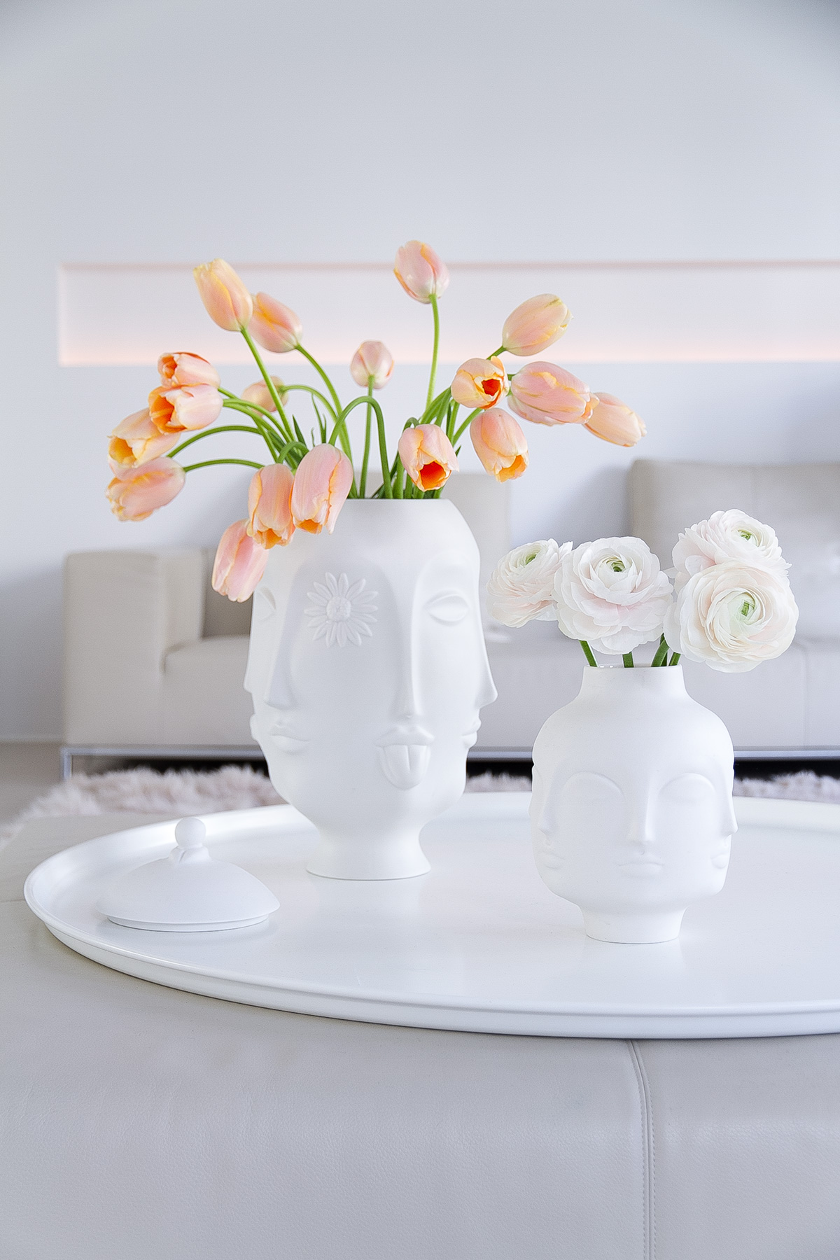 pink peonies and tulips in white Jonathan Adler porcelain Dora Maar vases, spring flowers, blogpost Lifetimepieces.com
