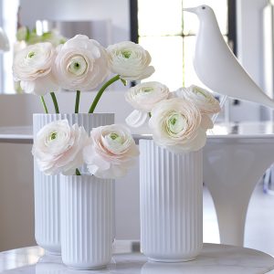 pink peonies in lybngby porcelain vases, spring flowers, white Eames house bird, Saarinen tables, blogpost Lifetimepieces.com