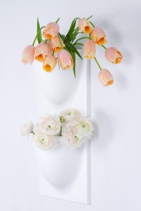 peonies and tulips in VertiPlants vases on the wall, spring flowers, blogpost Lifetimepieces.com