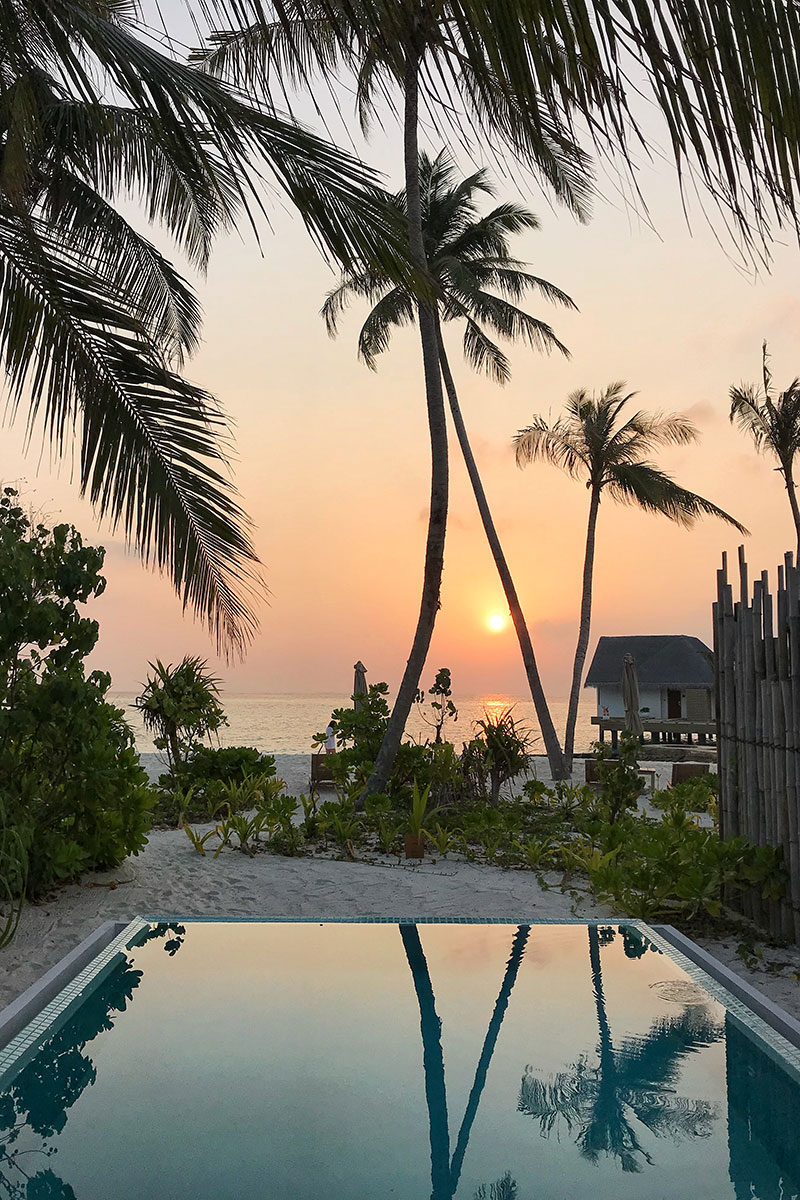 Fushifaru, pool, palms, sunset, Indian Ocean, sea, water villa, blog post about Maldives on lifetime-pieces.com