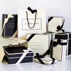 Jo Malone London, seven cream and black iconic signature gift boxes and ribbons