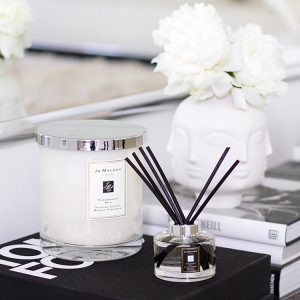 Jo Malone London, living in a scented home, scented candle and diffuser, coffee table books, Jonathan Adler Muse vase with white peonies