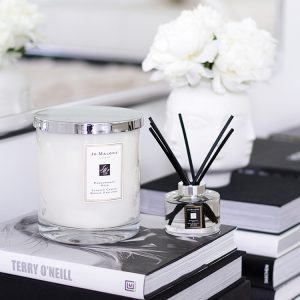 Jo Malone London, living in a scented home, scented candle and diffuser, coffee table books, Jonathan Adler Muse vase with white peonies